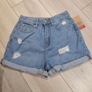 Dickies Women's Distressed Rolled Cuff Mom Fit Denim Shorts Size 5 Blue NEW